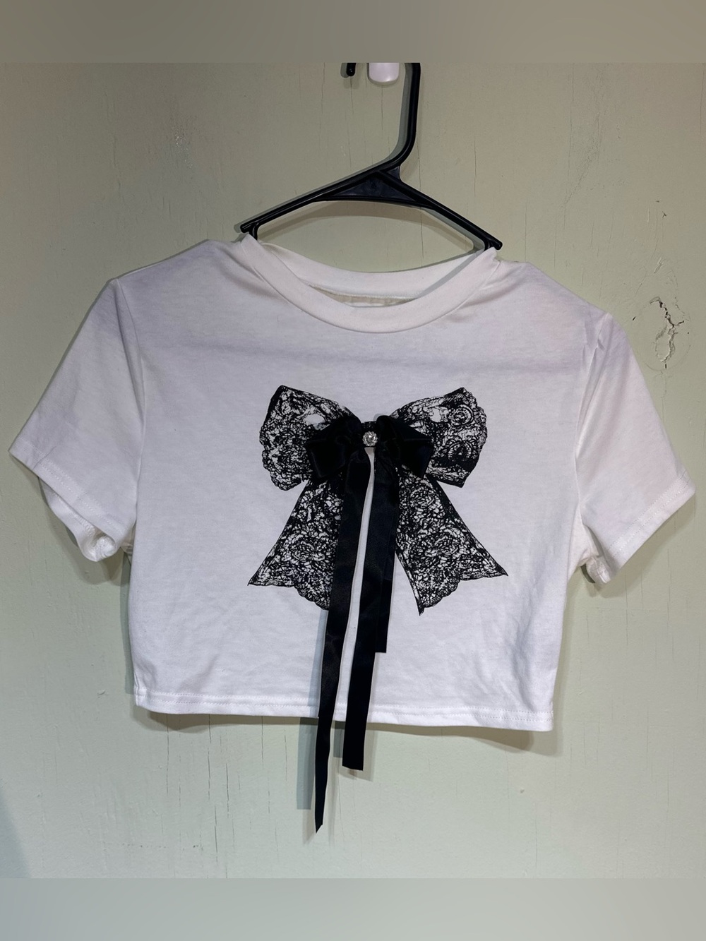 Shein black lace bow cropped short sleeve shirt size medium